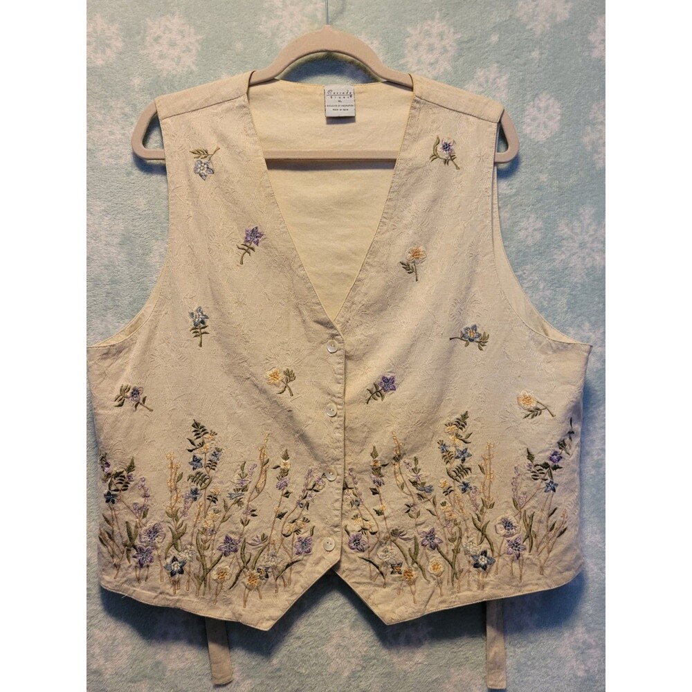 Vintage Cascade Blues Beige Button Up Vest Women's Size Large Cottage Grandma